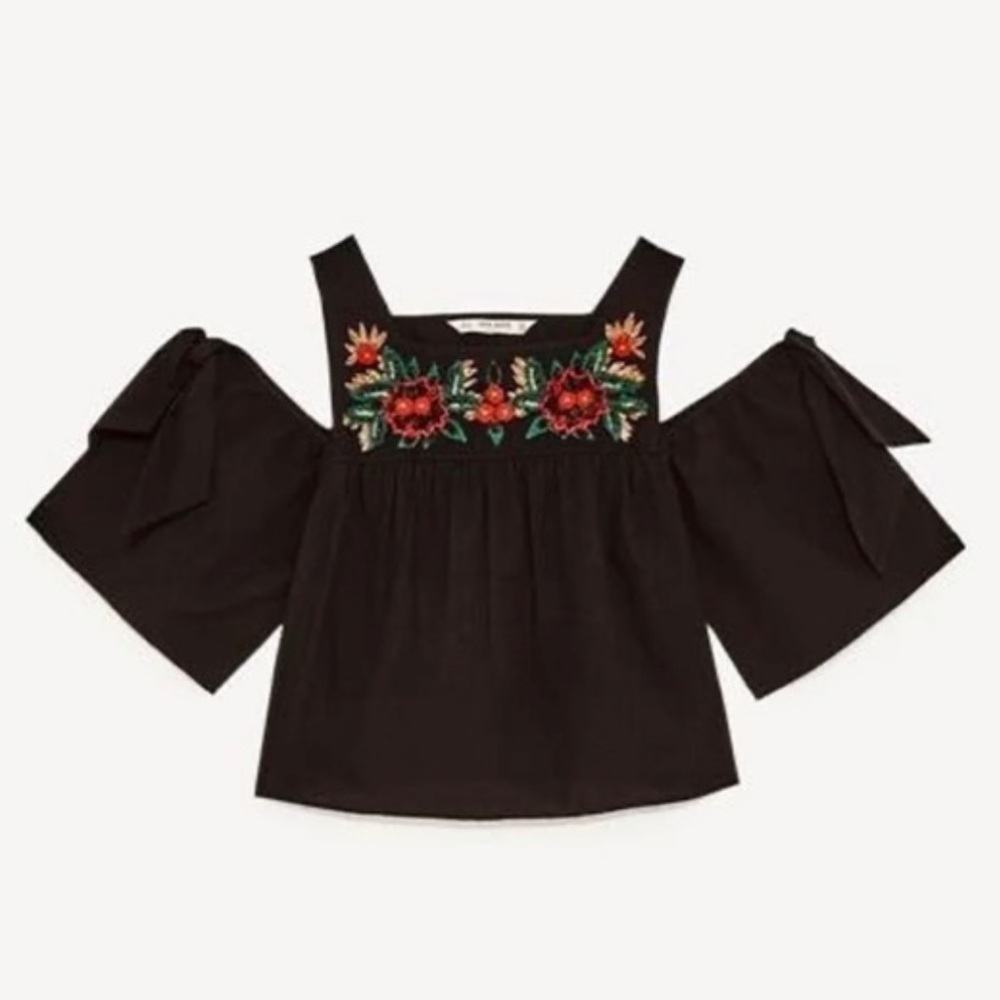 Zara Embroidered Crop Top with Off Shoulder Neckline, Frilled Sleeves